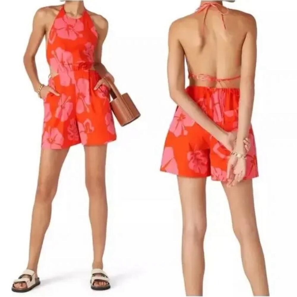 Staud Georgia Tropical Floral Romper with Open Back Orange/Pink Size 6